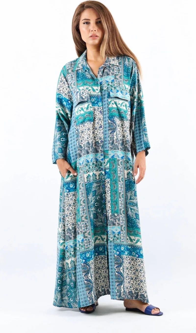 Ritnice Ritnice Ethnic 100% Viscose Blue Shirt Collar Front Buttoned Long Summer Dress