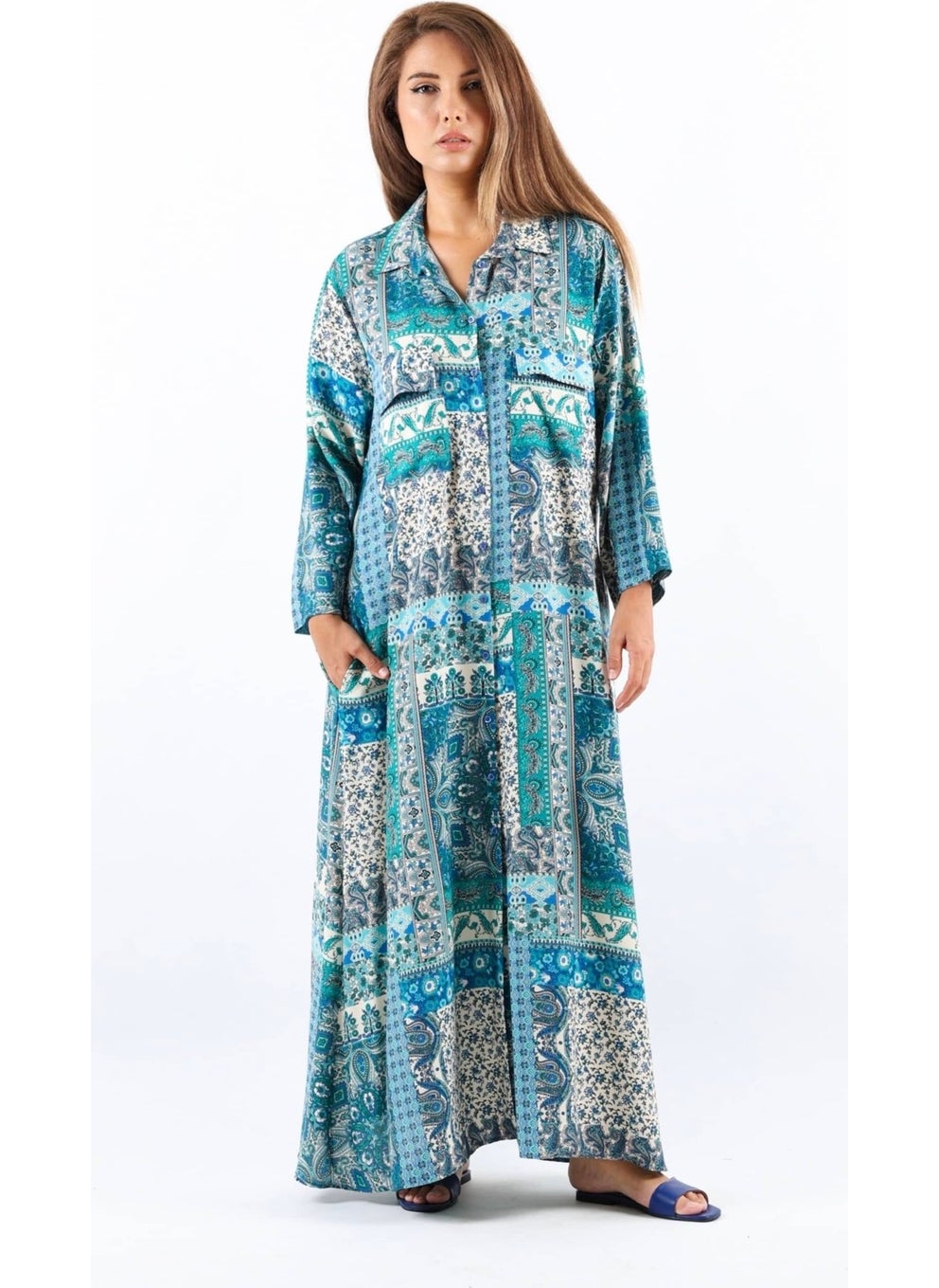 Ritnice - Ritnice Ethnic 100% Viscose Blue Shirt Collar Front Buttoned Long Summer Dress - Image 1