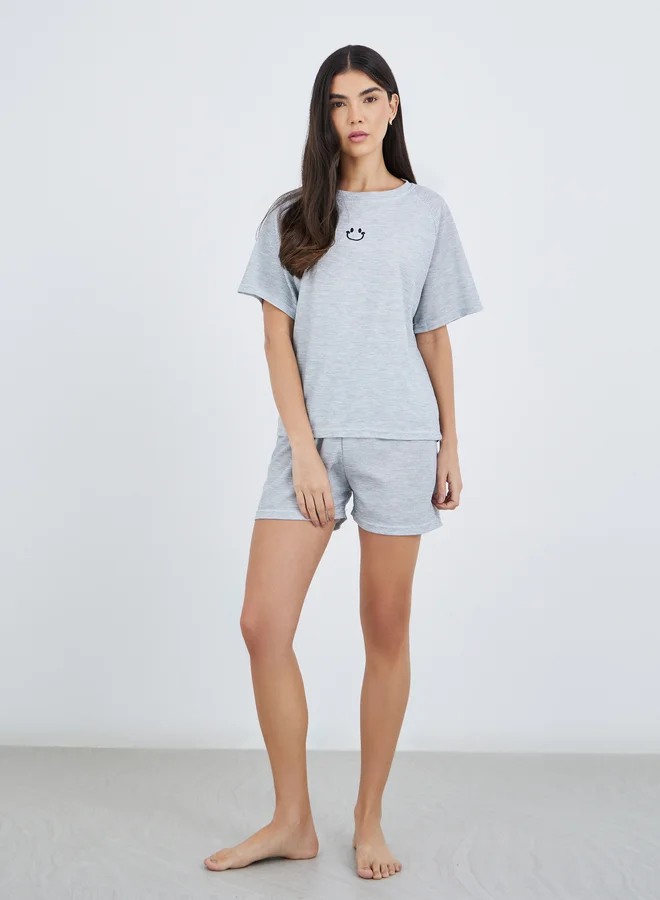 تايك تو Take Two Women Grey Waffle Knit T-Shirt and Shorts Set