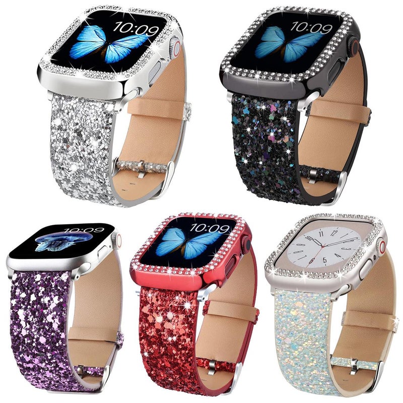 For Apple Watch 42 / 44 / 45 / 46 / 49mm 5 Pack xDfind Glitter Sequins Vegan Leather Watch Band
