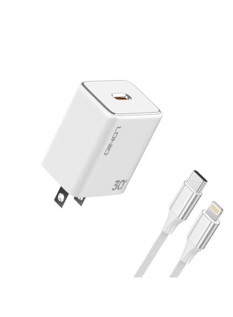 لدنيو شاحن حائط سريع من لدنيو A1508C يحتوي على منفذ USB-C وكابل من النوع C إلى النوع C مزود بتقنية الشحن السريع مناسب لأنواع مختلفة من الأجهزة، متعدد الألوان 30 وات - أبيض - Image 1