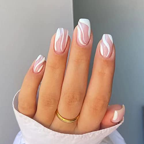 RikView White Press on Nails Medium Length with Swirls Design Square Fake Nails Full Cover Acrylic Nails - Image 2