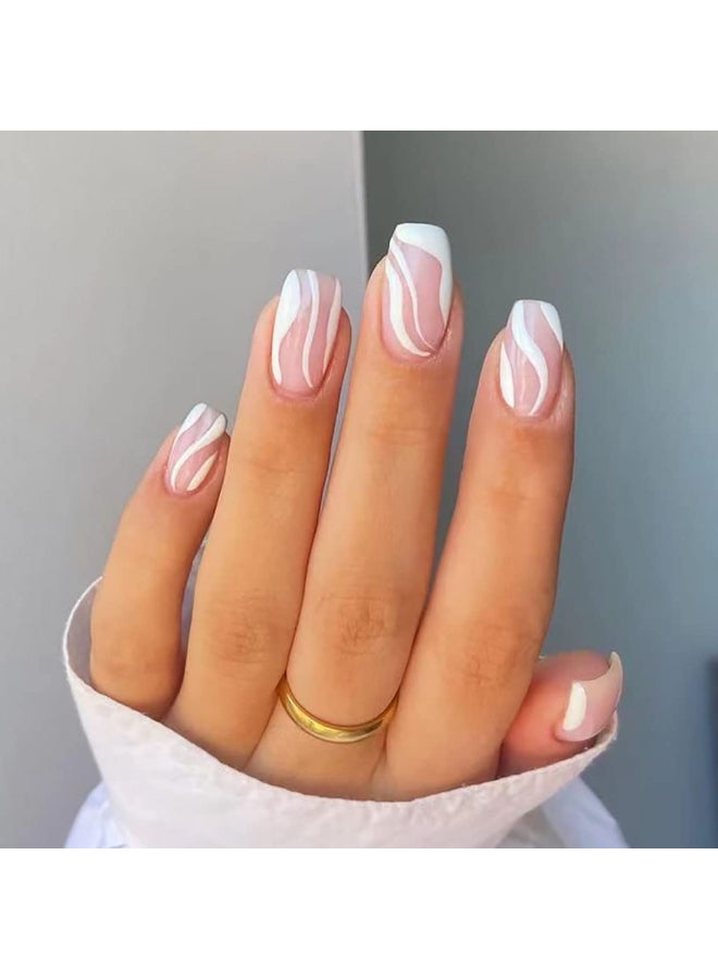 RikView White Press on Nails Medium Length with Swirls Design Square Fake Nails Full Cover Acrylic Nails - Image 3