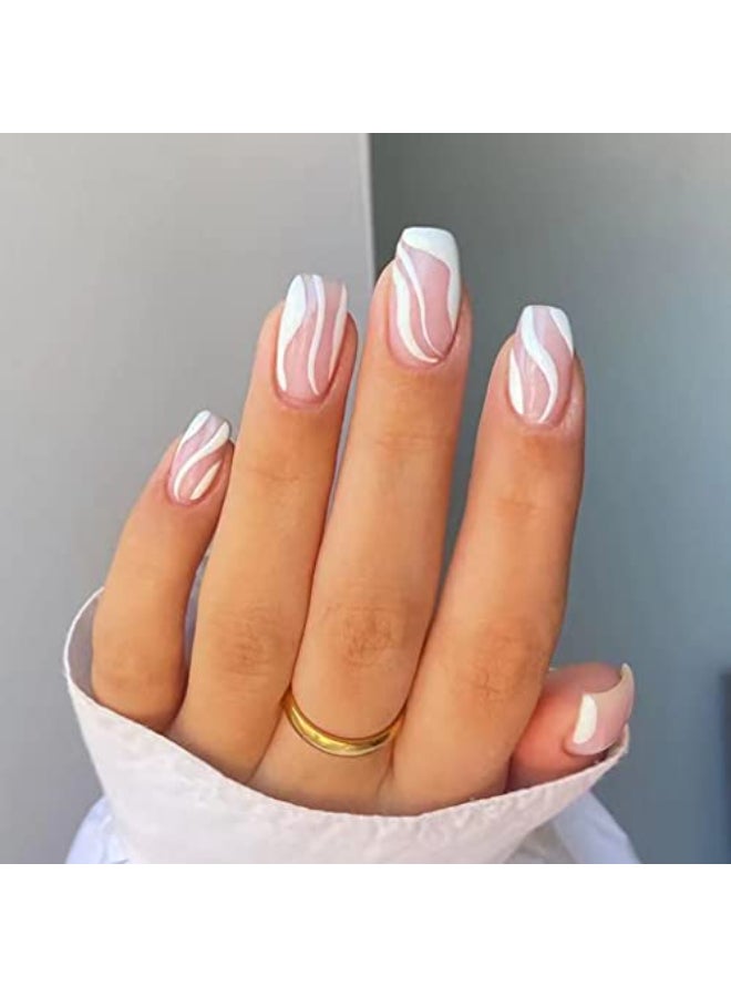 RikView White Press on Nails Medium Length with Swirls Design Square Fake Nails Full Cover Acrylic Nails - Image 1