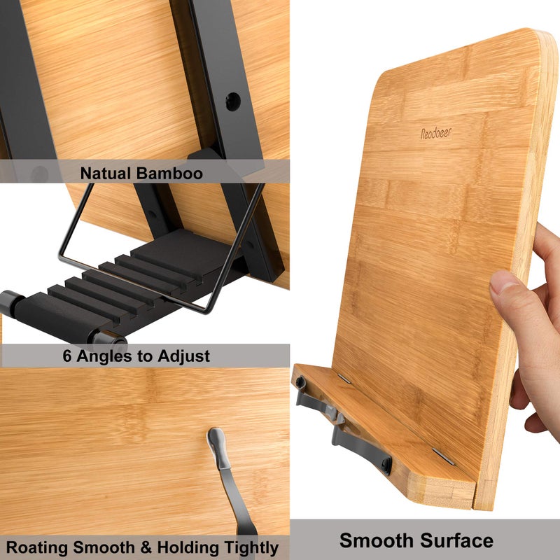 Readaeer Bamboo Book Stand, Large Book Holder with 6 Adjustable Height, Foldable Cookbook Stand Desktop Document Holder for Kitchen & Office (13.4 x 9.3 Inch) - Image 3