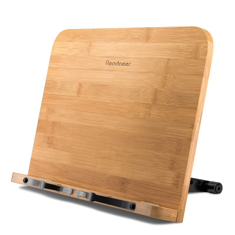 Readaeer Bamboo Book Stand, Large Book Holder with 6 Adjustable Height, Foldable Cookbook Stand Desktop Document Holder for Kitchen & Office (13.4 x 9.3 Inch) - Image 1