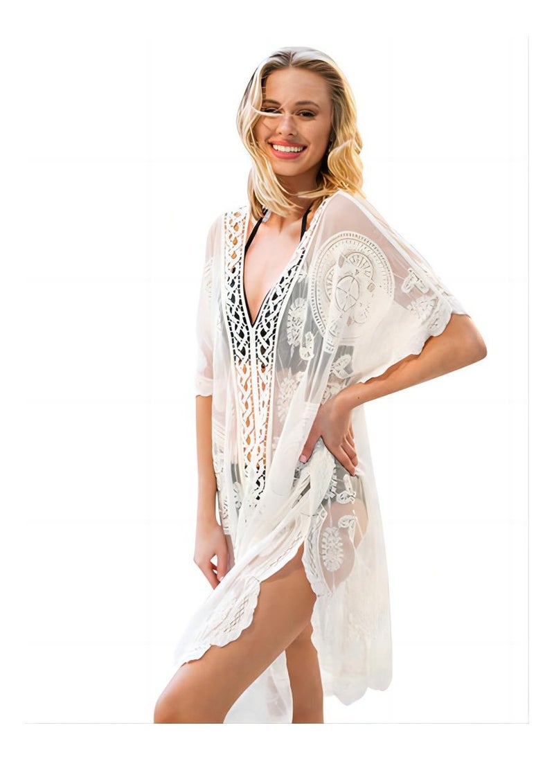 NADANBAO Women Swimsuit Cover Up, Half Sleeve Bikini Cover-up, Hollow Embroidery Floral Lace Beach Dress, Beach Swimwear - Image 2
