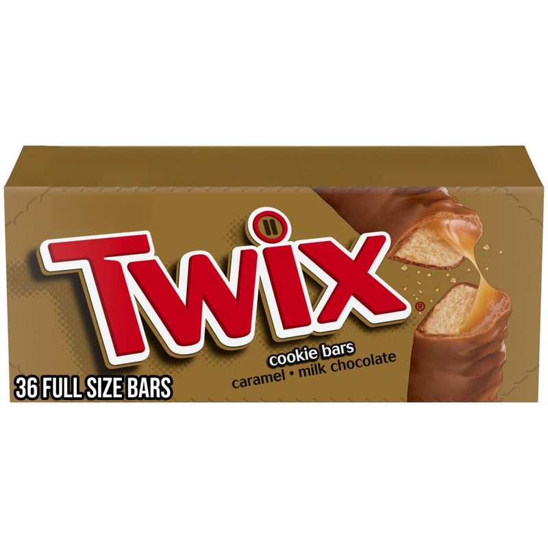 Twix شوكولاتة تويكس بالجملة، حلوى مغلفة بشكل فردي، حجم كامل، بار حلوى بسكويت الشوكولاتة بالكراميل، مثالية للوجبات الخفيفة، الحفلات، أكياس الهدايا، العطلات، علبة تحتوي على 36 قطعة - Image 1