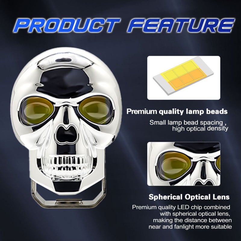 Motorcycle Driving Fog Lights: 2 Black High-Intensity LED Units - Skull-shaped Heat-dissipating Shell 3-mode Auxiliary Driving Lights for Off-road Vehicles, Motorcycles, SUVs and Boats - Image 2