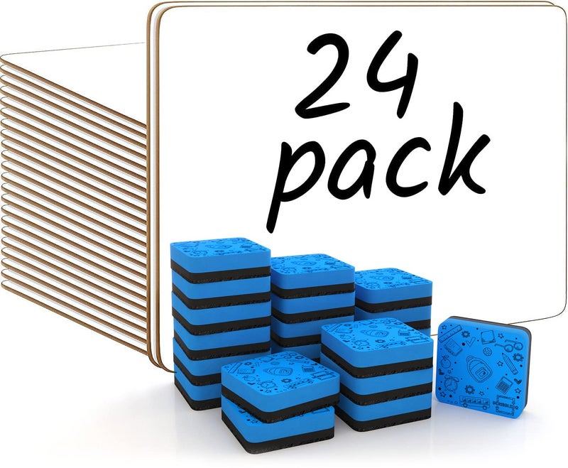 Scribbledo 24 Small White Board Dry Erase Boards Classroom Pack Mini White Boards 9 x12 Double Sided Personal Whiteboards for Students Teachers School Supplies Lapboards 24 Mini Erasers Incl