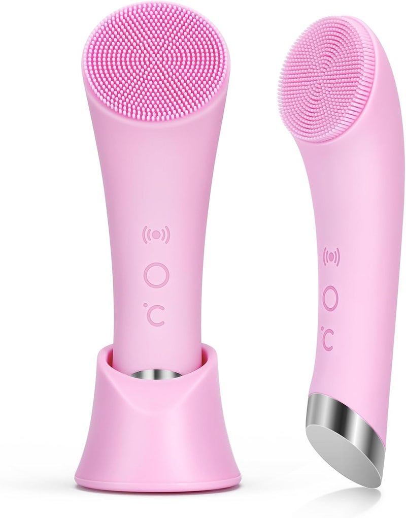 pritech Facial Cleansing Brush, Rechargeable Silicone Face Scrubber with Heat Massage End, Vibrating Exfoliating Deep Cleaning Device for Pore Brush, Waterproof Face Scrubber for Women and Men (Pink) - Image 1