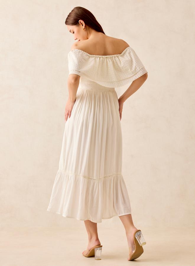 OUTZIDR White Off Shoulder Layered Midi Dress - Image 4