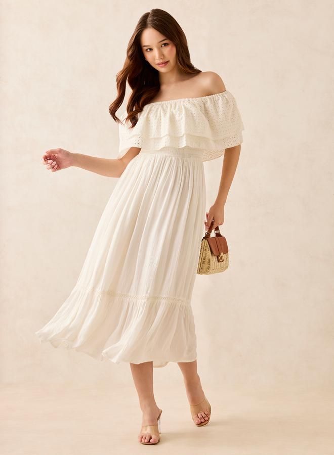 OUTZIDR White Off Shoulder Layered Midi Dress - Image 1