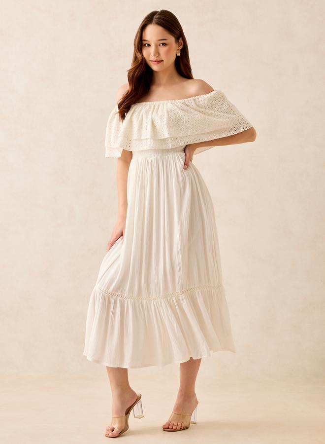OUTZIDR White Off Shoulder Layered Midi Dress - Image 3