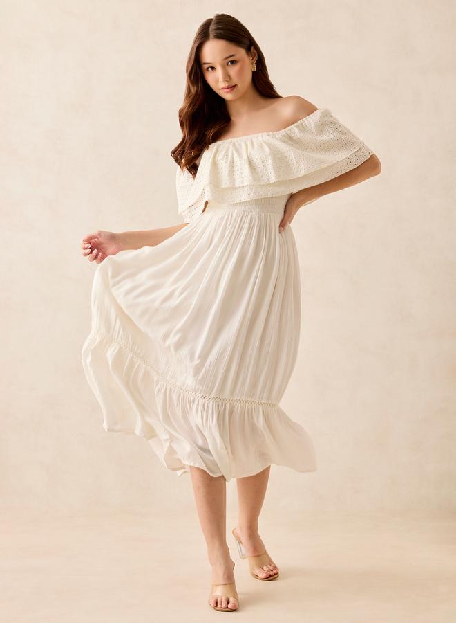 OUTZIDR White Off Shoulder Layered Midi Dress - Image 2
