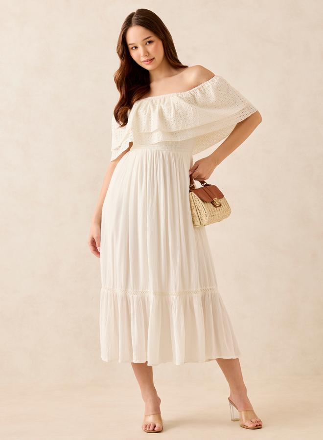 OUTZIDR White Off Shoulder Layered Midi Dress - Image 5