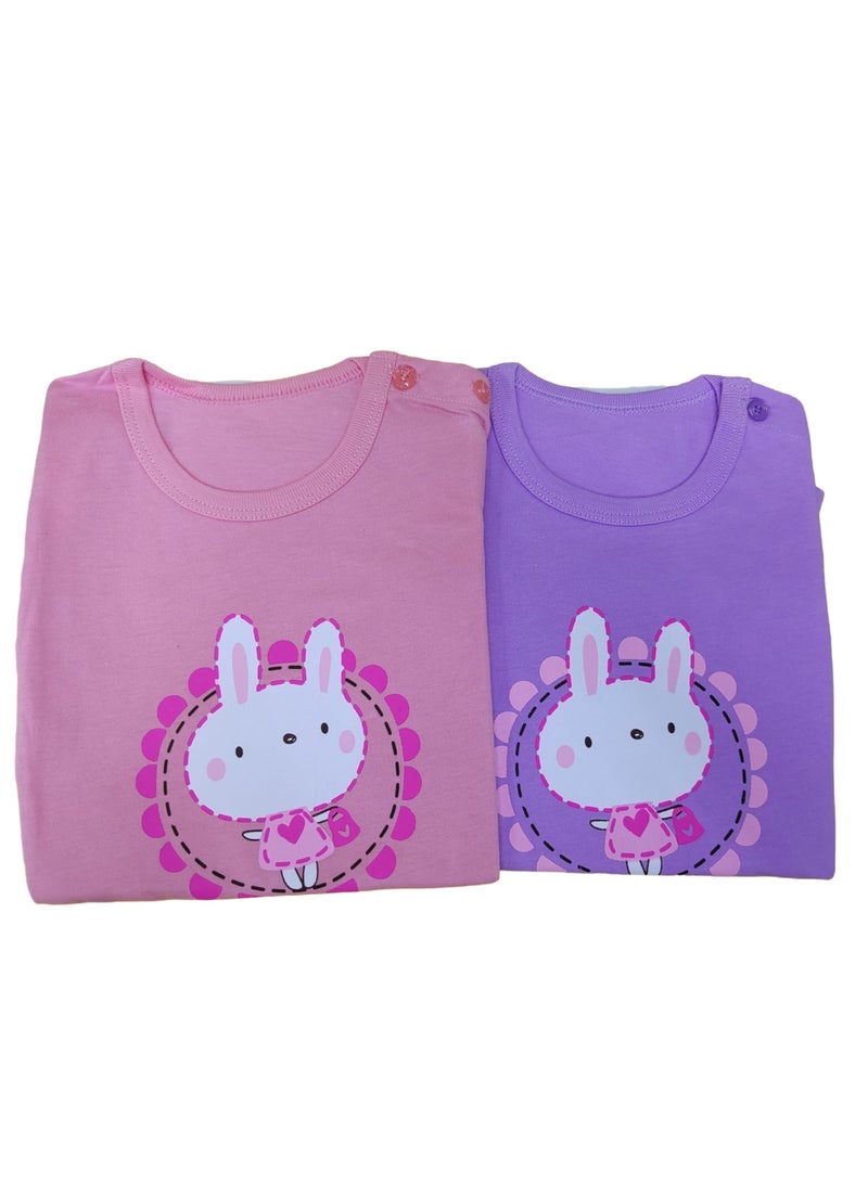 AIWANTO 2 Set Summer Baby Girl Bunny Cotton T-Shirt & Shorts Set Coral Pink & Purple (24-36months) - Image 1