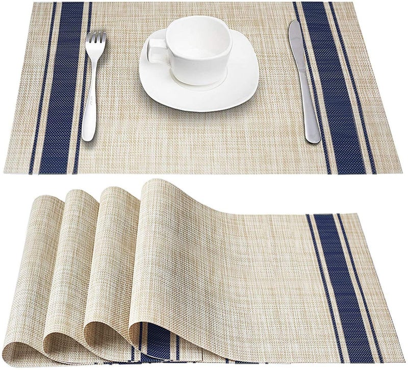 DZOPE HeatResistant Placemats StainResistant AntiSkid Washable PVC Table Mats Woven Vinyl 45x30 cm Blue Line Pack of 4 - Image 1