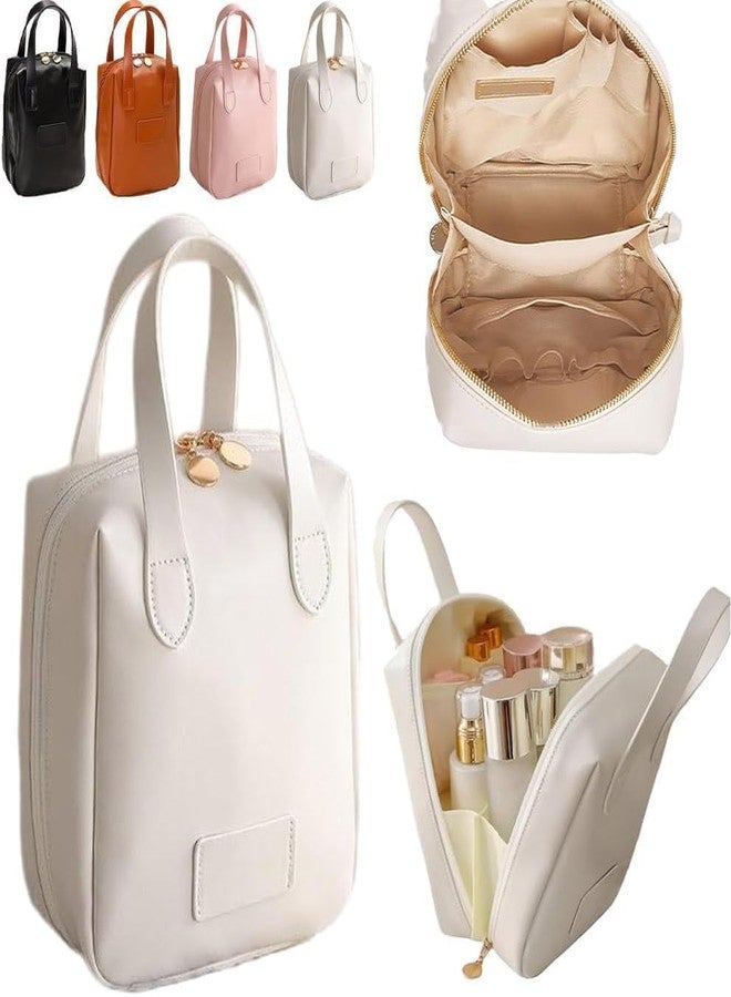 MAPPLE CREATION Makeup Bag For Women Elegant Portable Puffer With Compartments Travel Cosmetic Bag Waterproof Zipper Pouch Purse Pu Leather Small Makeup Bag (Width: 3.1 Cm, White) - Image 1