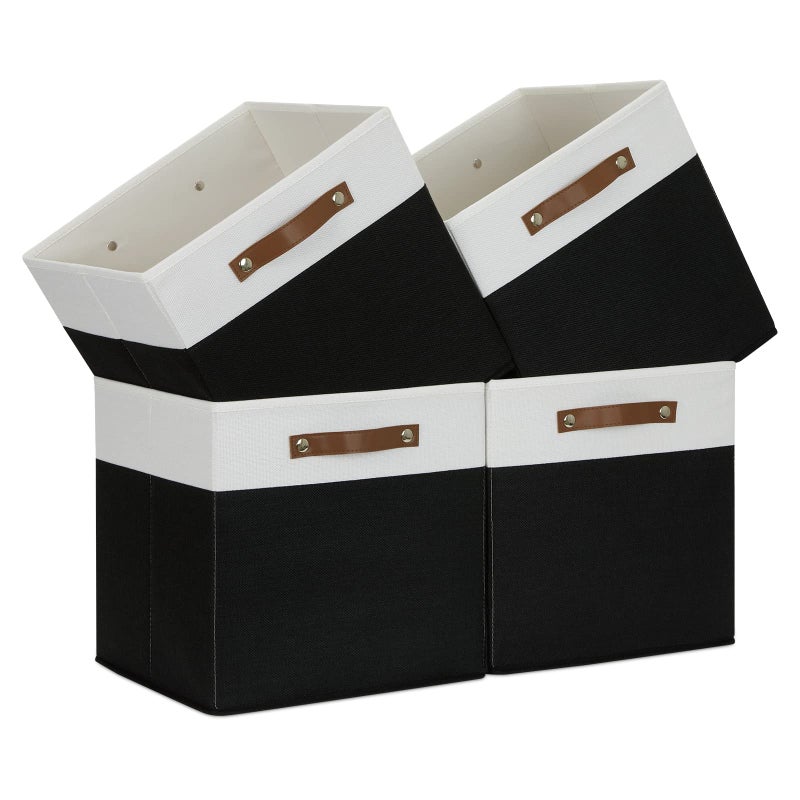 Temary Fabric Storage Bin 4 Pack Cube Storage Bin for Shelf Fabric Cube Storage Basket 13 Inch Cube Storage Bins Foldable Storage Cubes with Leather HandlesWhiteBlack