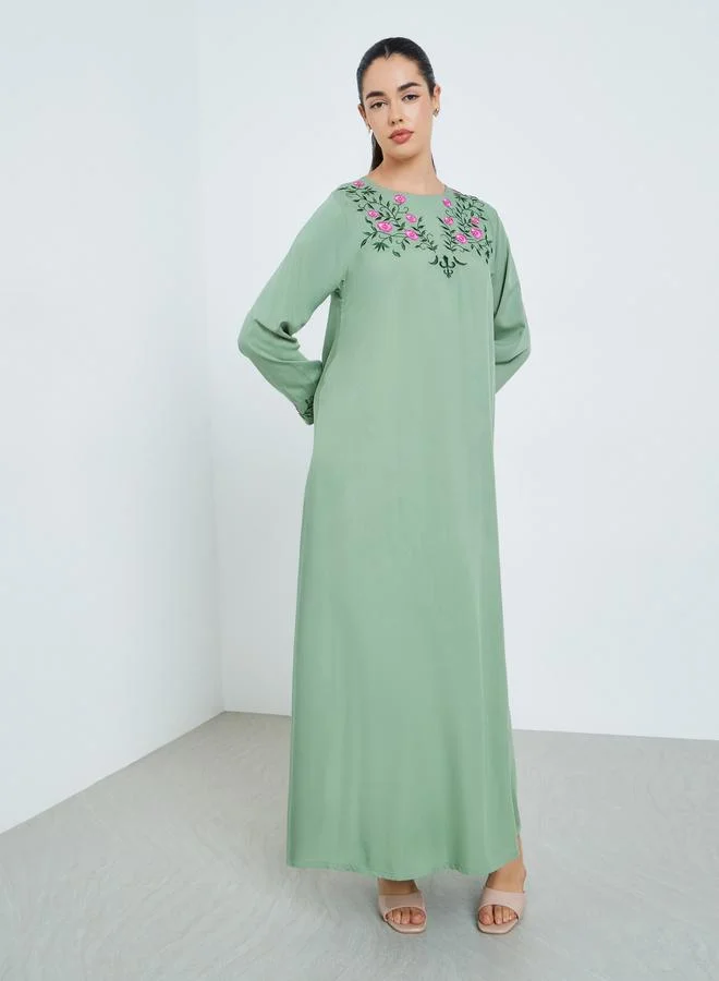 Amirah  Women Green Embroidered A-Line Jalabiya for Women | Best Price UAE