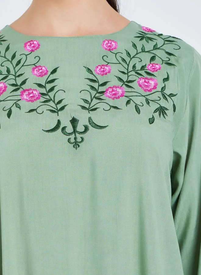 Amirah  Women Green Embroidered A-Line Jalabiya for Women | Best Price UAE