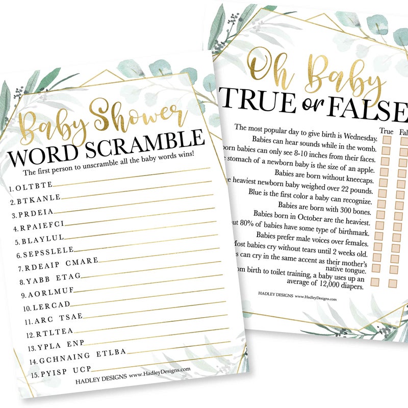 Hadley Designs Hilarious Baby Shower Games Set  25 DoubleSided Cards for 25 Guests 2 Games Word Scramble Baby Shower Game True or False Gender Neutral and Fun for Boys  Girls Greenery