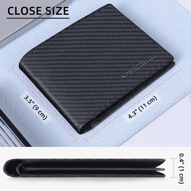 VISOUL Mens Carbon Fiber Leather Bifold Wallet with 2 ID Windows, RFID Blocking Secure Designer Wallets for Men with Two Cash Compartments (Black+Black) - Image 3
