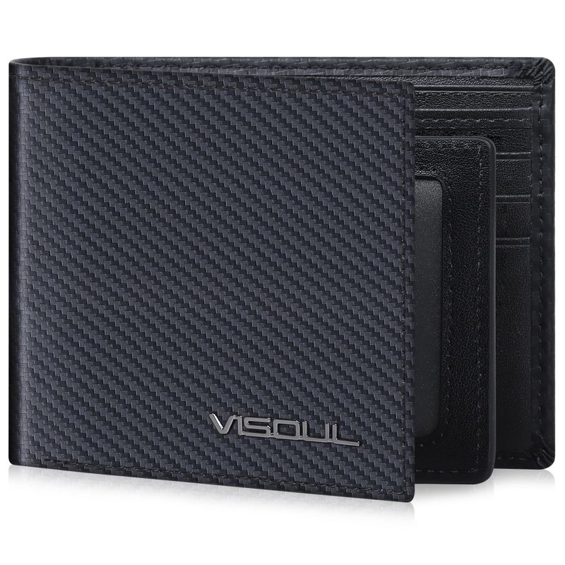 VISOUL Mens Carbon Fiber Leather Bifold Wallet with 2 ID Windows, RFID Blocking Secure Designer Wallets for Men with Two Cash Compartments (Black+Black) - Image 1