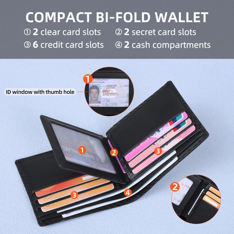 VISOUL Mens Carbon Fiber Leather Bifold Wallet with 2 ID Windows, RFID Blocking Secure Designer Wallets for Men with Two Cash Compartments (Black+Black) - Image 2