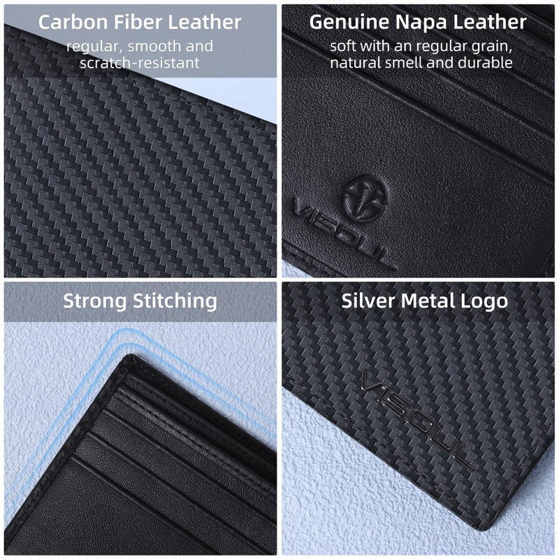 VISOUL Mens Carbon Fiber Leather Bifold Wallet with 2 ID Windows, RFID Blocking Secure Designer Wallets for Men with Two Cash Compartments (Black+Black) - Image 4