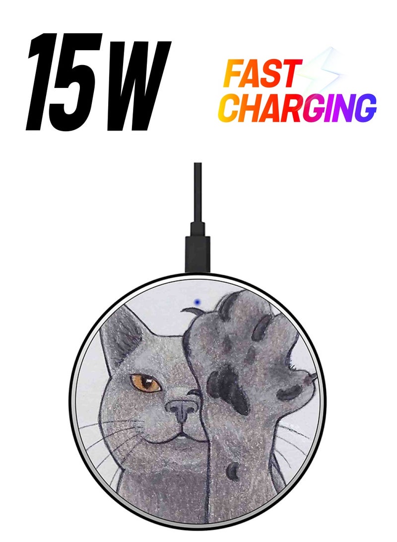 Theodor Cat Printed Fast Wireless Charger With USB Cable Grey - Image 1