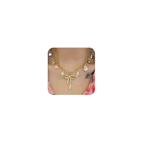ALYXUY Trendy Stainless Steel Gold Plated Charm Necklace with Heart Pearl Pepper Conch Ceramic Pendant Necklace for Women Collares Chokers Jewelry Bow Necklace - Image 1