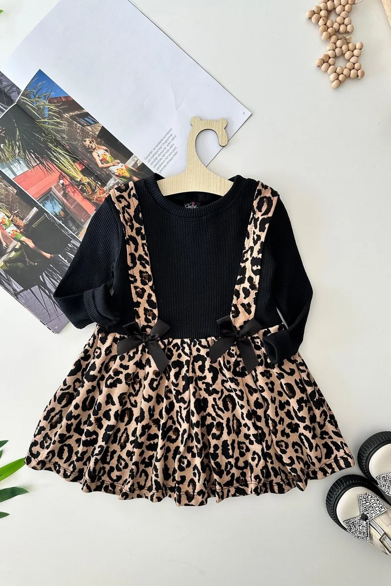 مينيمن جيجيليري My Little Ones Leopard Printed Girl's Cotton Dress with Bow Detail - Brown