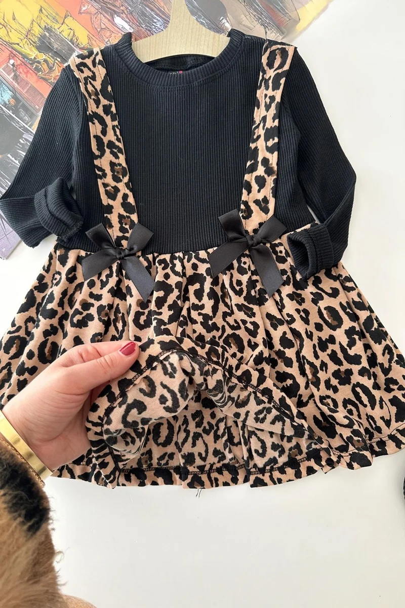 مينيمن جيجيليري My Little Ones Leopard Printed Girl's Cotton Dress with Bow Detail - Brown