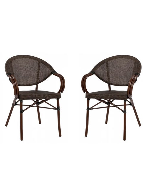 A set of two rattan chairs with an elegant and durable design for indoor and outdoor use. Ideal for living rooms, gardens, balconies, and lounges. Made of a metal frame with a wood-colored finish and durable rattan fabric. Dimensions: 62 cm wide x 56 cm deep x 83 cm high. Seating height: 46 cm, armrest height: 63 cm.
