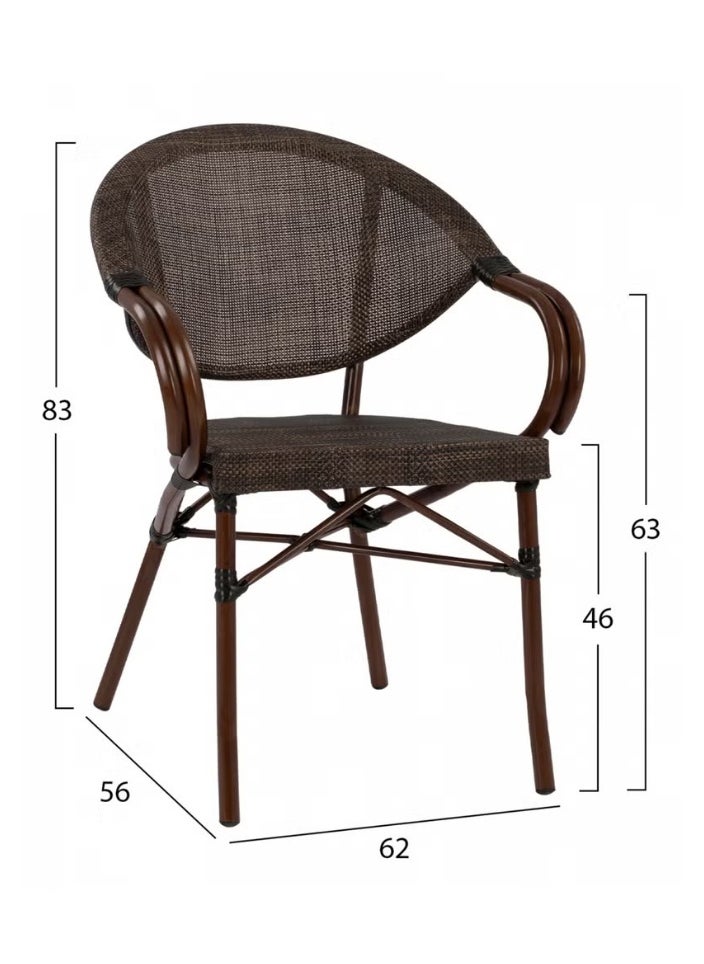 A set of two rattan chairs with an elegant and durable design for indoor and outdoor use. Ideal for living rooms, gardens, balconies, and lounges. Made of a metal frame with a wood-colored finish and durable rattan fabric. Dimensions: 62 cm wide x 56 cm deep x 83 cm high. Seating height: 46 cm, armrest height: 63 cm.