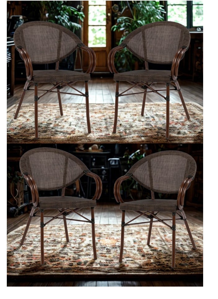 A set of two rattan chairs with an elegant and durable design for indoor and outdoor use. Ideal for living rooms, gardens, balconies, and lounges. Made of a metal frame with a wood-colored finish and durable rattan fabric. Dimensions: 62 cm wide x 56 cm deep x 83 cm high. Seating height: 46 cm, armrest height: 63 cm.