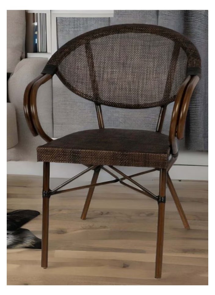 A set of two rattan chairs with an elegant and durable design for indoor and outdoor use. Ideal for living rooms, gardens, balconies, and lounges. Made of a metal frame with a wood-colored finish and durable rattan fabric. Dimensions: 62 cm wide x 56 cm deep x 83 cm high. Seating height: 46 cm, armrest height: 63 cm.