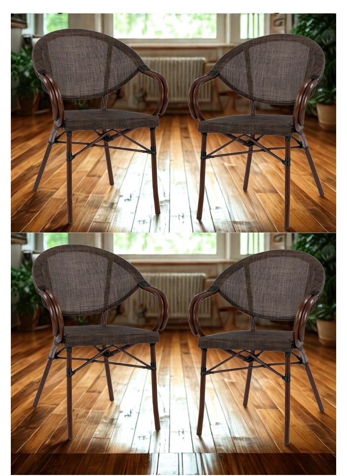 A set of two rattan chairs with an elegant and durable design for indoor and outdoor use. Ideal for living rooms, gardens, balconies, and lounges. Made of a metal frame with a wood-colored finish and durable rattan fabric. Dimensions: 62 cm wide x 56 cm deep x 83 cm high. Seating height: 46 cm, armrest height: 63 cm.
