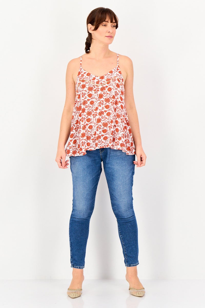 promod Women V-Neck Sleeveless Allover Print Top, White/Red - Image 4