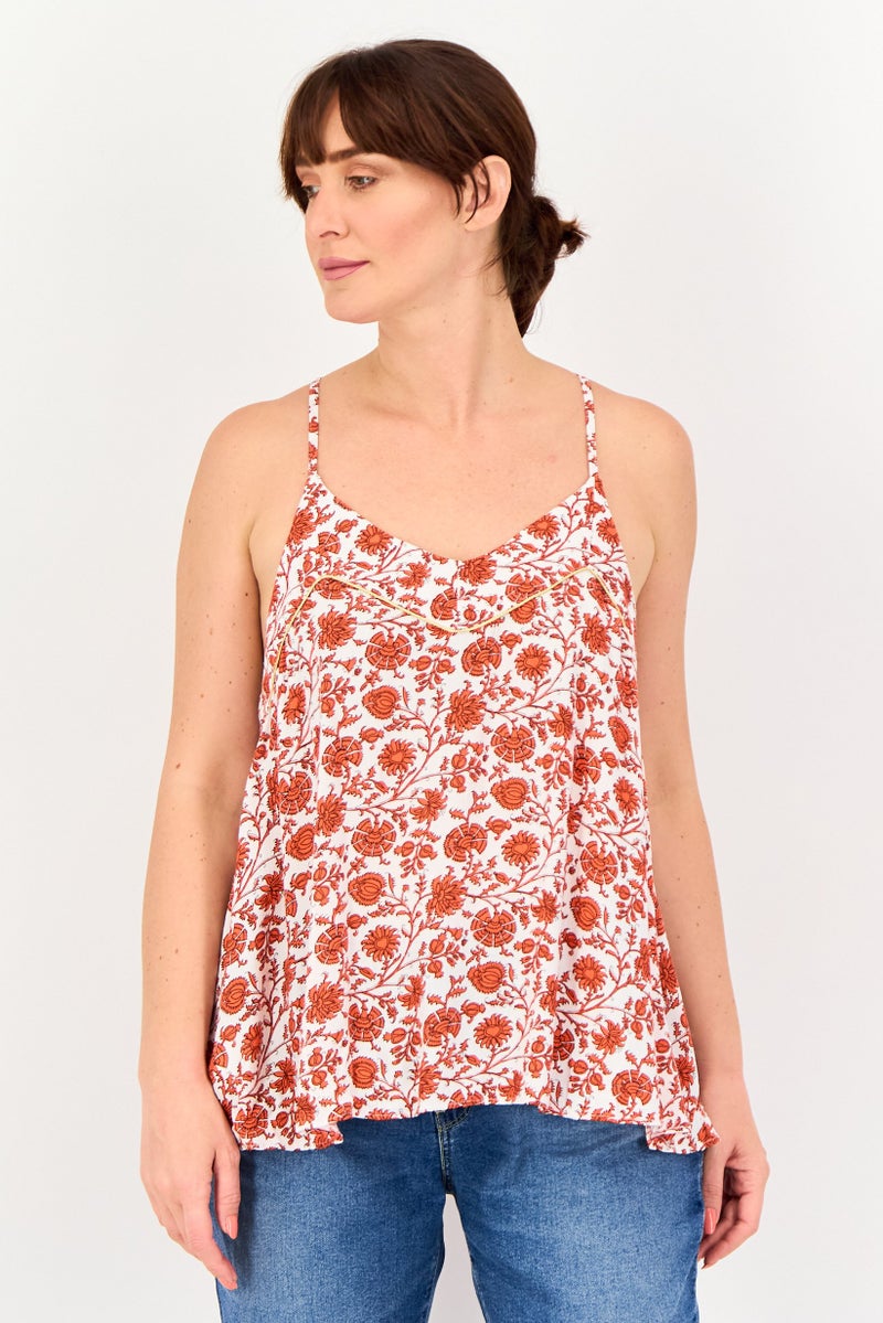 promod Women V-Neck Sleeveless Allover Print Top, White/Red - Image 1