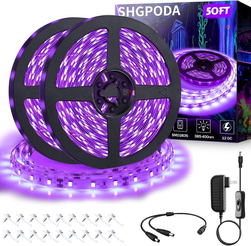 SHGPODA طقم شريط ضوء أسود LED بطول 50 قدم/15 متر، 900 وحدة من مصابيح LED، 385nm-400nm، تركيبات ضوء أسود مرنة 12 فولت، شريط ضوء أسود غير مقاوم للماء للاستخدام الداخلي، حفلات عيد الميلاد، حفلات التألق، عيد الهالوين، عيد الميلاد - Image 1