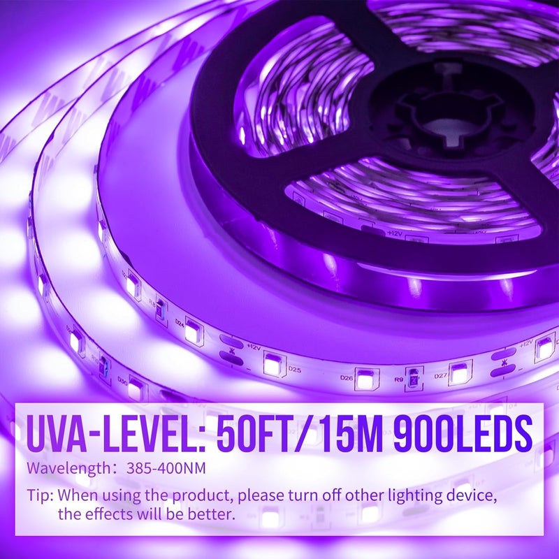 SHGPODA طقم شريط ضوء أسود LED بطول 50 قدم/15 متر، 900 وحدة من مصابيح LED، 385nm-400nm، تركيبات ضوء أسود مرنة 12 فولت، شريط ضوء أسود غير مقاوم للماء للاستخدام الداخلي، حفلات عيد الميلاد، حفلات التألق، عيد الهالوين، عيد الميلاد - Image 2