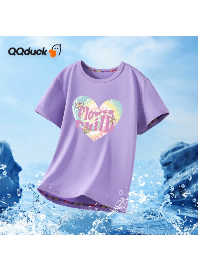Qq Duck Children's Clothing, Boys' T-shirt, Girls' Short-sleeve Top, Summer Student Wear, Purple Heart-shaped Wandering Bean Purple; Size 120