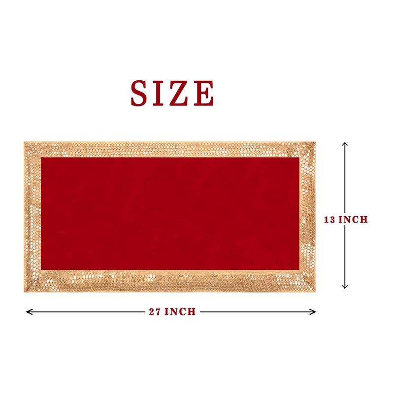Dulhan DLC CD Sequence Work Red Velvet Pooja Cloth for God 13x27 inch Altar Cloth for Puja Pack of 2 Medium Aasan for Home Temple or mandir - Image 2