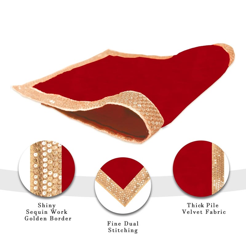 Dulhan DLC CD Sequence Work Red Velvet Pooja Cloth for God 13x27 inch Altar Cloth for Puja Pack of 2 Medium Aasan for Home Temple or mandir - Image 4