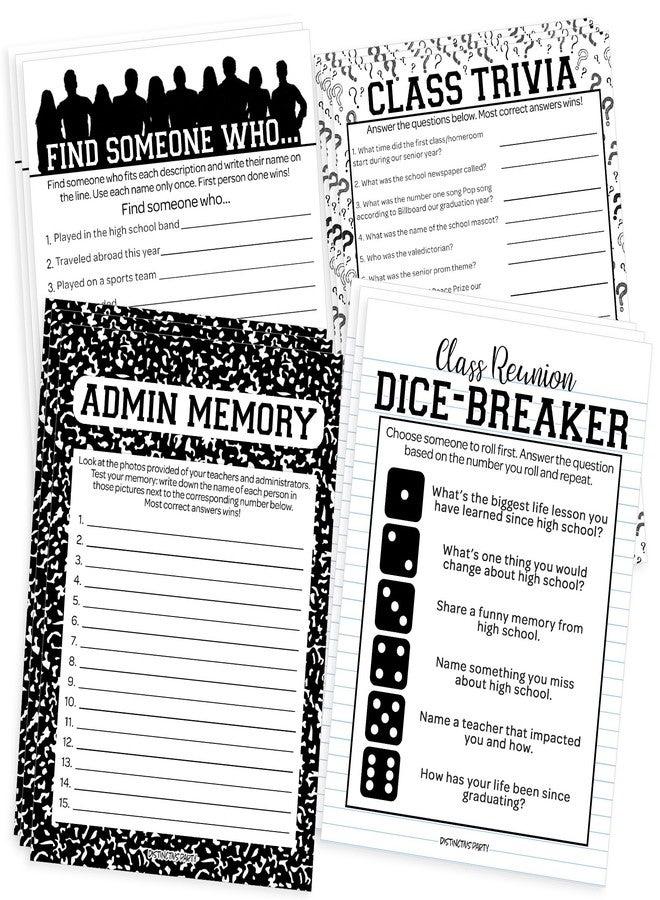 دسكتيكتفز مجموعة ألعاب لم شمل الخريجين من ديستنكتيفز - تتضمن: أسئلة معلومات عامة عن الصف، لعبة تكسير النرد، لعبة البحث عن شخص ما، ولعبة ذاكرة الإدارة - حزمة من 4 ألعاب تكفي 20 ضيفًا - Image 1