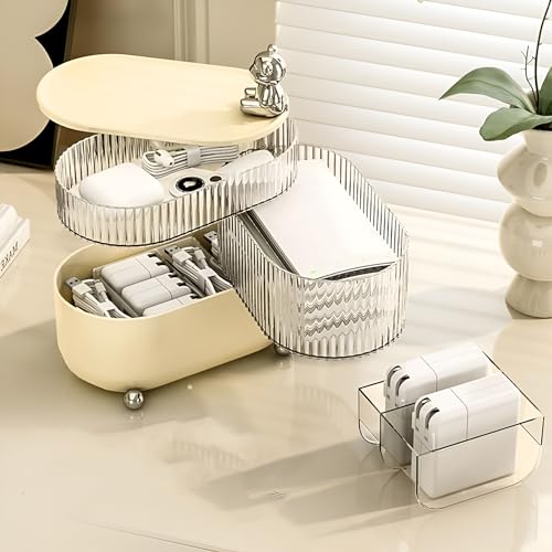 HoopVool Jewellery Storage Organizer 360 Rotating 3 Layers Multi-Compartments Desktop Cotton Pad Cosmetic Lipstick Makeup Brush Jewellery Organizer for Countertop Vanity (Cream Teddy) - Image 3