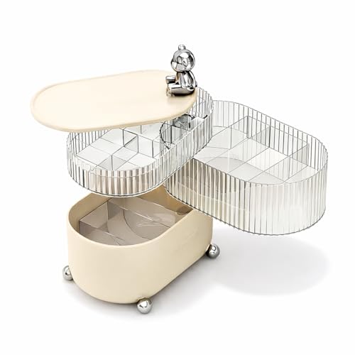 HoopVool Jewellery Storage Organizer 360 Rotating 3 Layers Multi-Compartments Desktop Cotton Pad Cosmetic Lipstick Makeup Brush Jewellery Organizer for Countertop Vanity (Cream Teddy) - Image 1